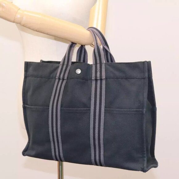 HERMES Fourre Tout MM Hand Bag Canvas Black Gray Silver Auth - Picture 14 of 16